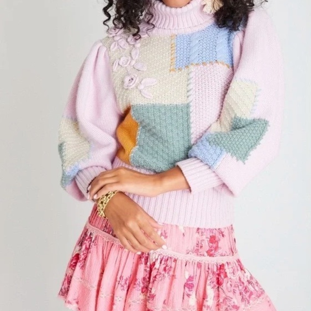 LoveShackFancy Patchwork Turtleneck Sweater Womens Size Large Bohemian Knit Wool